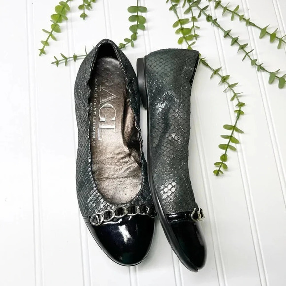 AGL Black Patent & Metallic Snakeskin Slip On Ballet Flats Women's US Size 6.5 - Picture 8 of 9